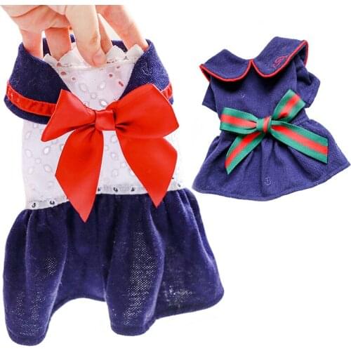 Sweet Evening Dress Lapel Collar Dress For Dogs Campus style Student Skirt For Small Dog Dress Saia marinheiro com lao grande