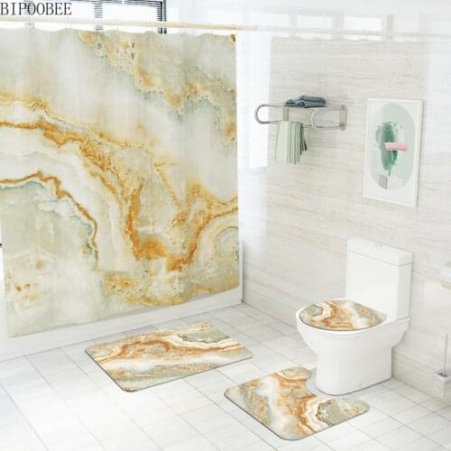 Marble Bathroom Curtains Set Modern Shower Curtain Pedestal Non-slip Carpet Flannel Toilet Lid Cover Bath Mats Rugs Home Decor
