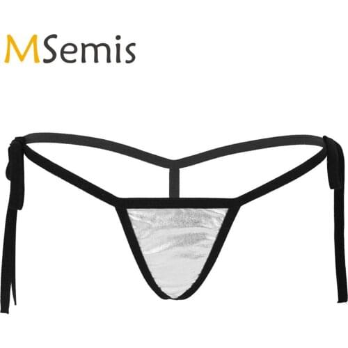 MSemis Women Sexy Panties Shiny Metallic Lingerie Low Rise Tie-Side T-Back Mini G-String Thong Bikini Briefs Underwear Swimwear