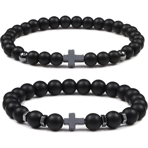 6MM 8MM Prayer Men Bracelet Natural Lava Stone Beads Meditation Hematite Cross Jesus Thin Bracelets Bangles Women Jewelry Gifts