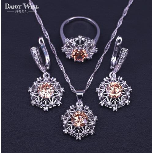 Silver Color Costume Jewelry Set Champagne Zircon White Crystal Jewelry Earrings Rings Necklace Pendant Bridal Jewelry