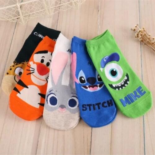 Disney Cotton Socks Breathable Cartoon Stitch Minnie Mickey Mouse Woman Girls Fashion Boat Socks Ankle Low Anime Sock
