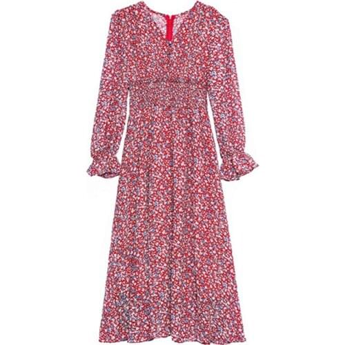 LUKAXSIKAX 2020 New Spring Autumn Women V-Neck Long Sleeve Vintage Chiffon Long Dress Elegant Slim Floral Dress