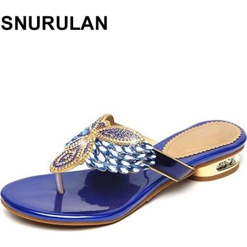 SNURULAN New Summer Flip Flop Rhinestone Sandals Women Slippers Low-heel Comfortable Patent Leather Slippers Flat Fashion Sandal