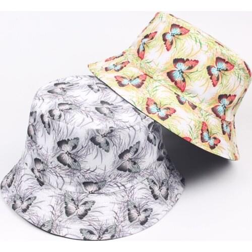 New Women Bucket Hat Butterfly Prin Cotton Double-sided Caps Outdoor Fashion Panama Sunscreen Cap Womens Fisherman Hat Summer