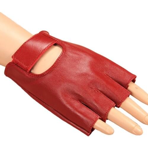 New Fingerless Gloves Womens Half-finger Sheepskin Fashion Hollow Style 100% Lambskin Geniune Leather Red Gloves Full Driving