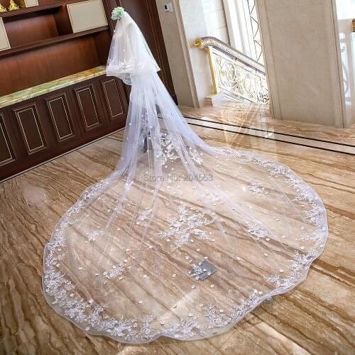 Stunning Two-Layer Luxury Lace Wedding Veil with Flowers 4 Meters Long Bridal Veils with Comb AX