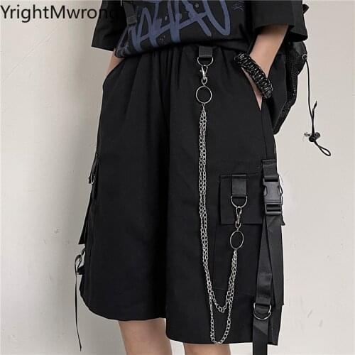 Techwear Belt Ribbon Pocket Chain Cargo Loose Straight Black Camo Jogger Pant Young Woman Man Streetwear Harajuku Short Trouser