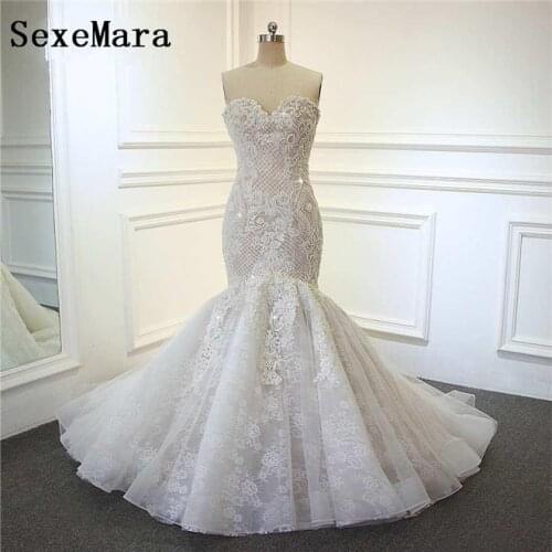 Luxury Mermaid Wedding Dresses Sweetheart Zipper Back Lace Crystals Beaded Tiered Skirts Bridal Dresses Custom Made Gown