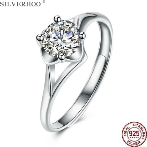 SILVERHOO 925 Silver Rings Women Round 5A Cubic Zircon CZ Adjustable Anniversary Female Ring Fine Jewelry Gift For Girlfriend