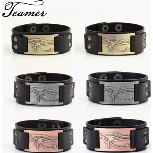 Teamer Vintage Religious Egyptian Eye of Horus Udjat Men Metal Charm Bracelet Black/Brown Color Genuine Leather Wicca Jewelry