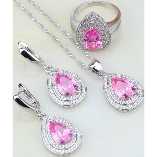 925 Sterling Silver Jewelry Pink Cubic Zirconia White CZ Bride Jewelry Sets Earring/Pendant/Necklace/Ring For Women Wedding