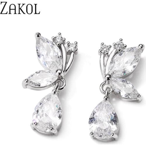 ZAKOL Sweet Korean Butterfly Dangle Earrings with Water Drop Cubic Zirconia For Women Fashion Party Jewelry FSEP2476