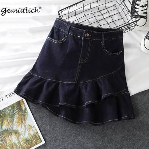Gemutlich Plus Size S-9XL Women Denim A-Lined Mini Skirt Jeans Ruffles Bodycon Skirt with Lining High Waist New Summer