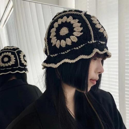 Womens Flower Hollow Crochet Knitted Bucket Hat Cotton Autumn Winter Hat Bob Panama 2021 Sun Hat Streetwear Foldable Beanie Cap