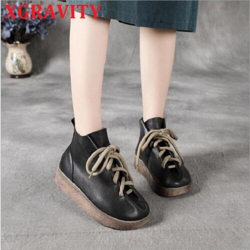 XGRAVITY Autumn Soft Genuine Leather Boots Lace Up Women Thick Sole 3cm Shoes Elegant Ladies Fashion Boots Short Boots s055
