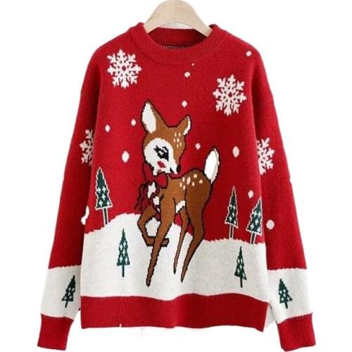 Women Thick Warm Sweater Red Christmas Deer Snowflake Knitted Embroidery Loose O-Neck Pullover Jacquard Sweaters 2011959