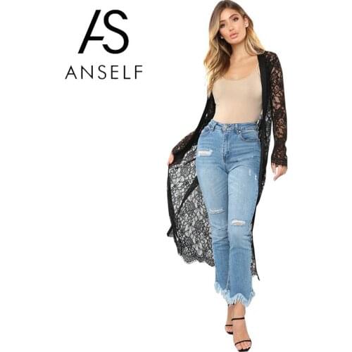 Anself Crochet beachwear Sexy Women Lace Cardigan Cover Up Open Front Long Sleeve Kimono Loose Outerwear Beach Coverups Black