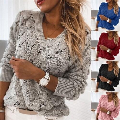 Fashion Trend Women Knitted Sweater Autumn Winter Hollow Out Feather Pattern Long Sleeve V-neck Pullover Casual Harajuku