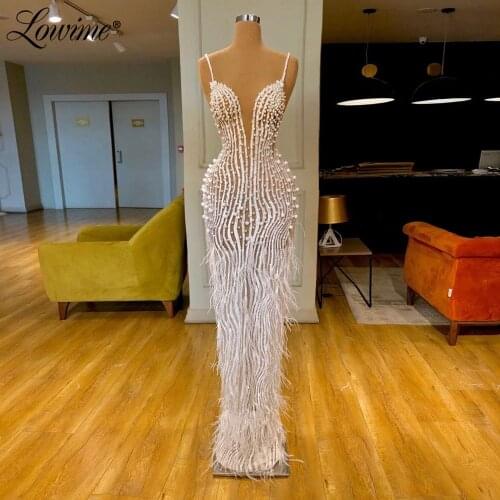 Pearls Beading Party Dress Spaghetti Straps Celebrity Dresses Feather Evening Gown 2020 Dresses Woman Party Night Robe De Soiree