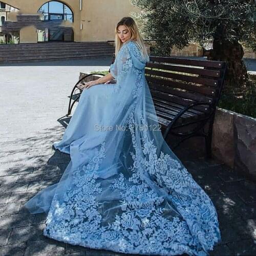 Hooded Cap Sky Blue Evening Dresses New Years 2 in 1 Muslim kaftan dubai Robe Two Pieces Hijab Prom Evening Dress Party