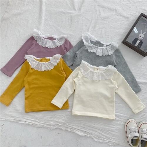 Baby Girl White T Shirt Infant Kids Girls Long Sleeved Cotton Blouse Tops Hollow Out Lace Collar Shirts Ruffle Toddler Colthes
