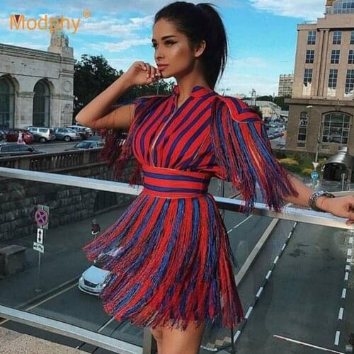 Free Shipping Fashion Striped Tassel Women Dress Sexy Sleeveless Slim Club Evening Party Vestidos 2021 Summer Female New