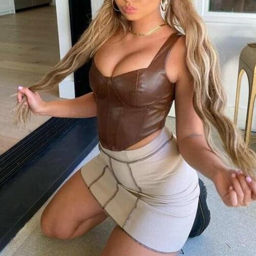 Brown PU Leather Bustier Tops Women Wrap Camisoles Sleeveless Spaghetti Strap Corsets Crop Tops Fashion Lady Slim Fit Camis