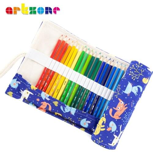 48 Holes Canvas Wrap Roll Up Pencil Bag Colorful Cloth Pencil Case Kawaii Canvas Pen Bag for Girls Boys
