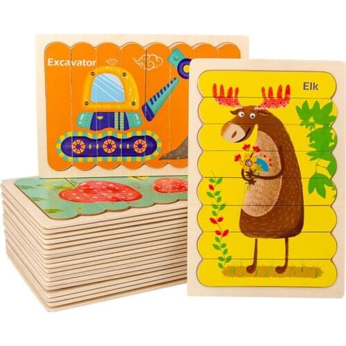 Baby Wooden Jigsaw Puzzle Double-sided Stripe Cognition 3D Puzzle Board Game Montessori Educational Wooden Toys For Children