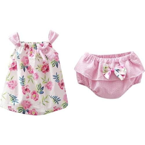 Kids Girl Sleeveless O-Neck Pullover Sunsuit Cotton Printed Bow Dress Tops+Floral Shorts Pants Fashion 2Pcs Summer Clothes Set