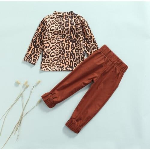 2-7 Years Baby Kid Leopard Clothing Set Toddler Girls 2pcs Fall Outfits, Long Sleeve Mock Neck Leopard Tops + Solid Pants Set