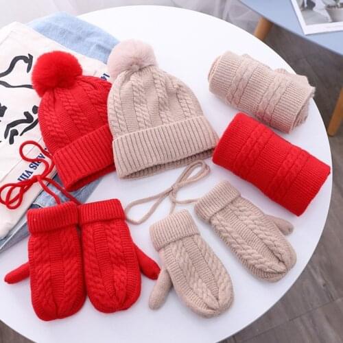 3Pcs Kids Baby Winter Warm Beanie Hat Long Scarf Gloves Set Cable Knit Solid Color Plush Lined Pompom Skull Cap 1-6 Year
