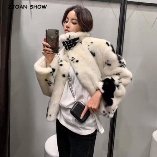 HIGH QUALITY Winter Buckle Lapel Hairy Shaggy Tuscan Cow Leopard Fur Jacket Long sleeve Furry Warm Women Jacket Short Outerwear