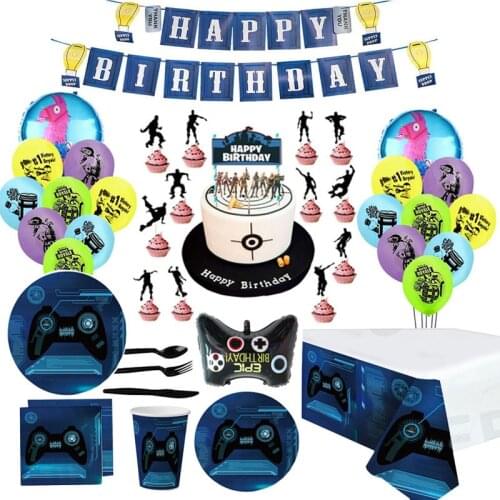 Game theme birthday party decoration set balloon banner plate cake topper children birthday party supplies disposable tableware
