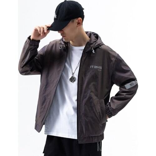 New Autumn Letters Reflecting Printed Stylish Casual Mens Hooded Jacket Fashion Up-Zipper Front Windbreaker Coats Windproof