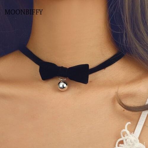 Trendy Punk Style Bow Choker Necklace For Women Bell Pendant Collar Cosplay Necklace Black Velvet Ribbon Short Choker