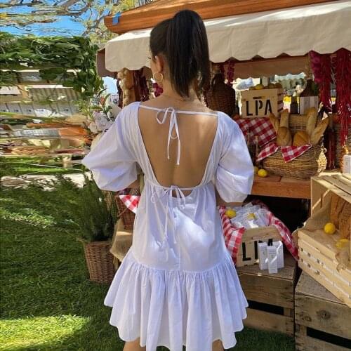 Elegant White Mini Dress Boho Short Puff Sleeve Backless Tie-up Ruffles A-line Bodycon Sundress Summer Clothes Bridesmaid Beach