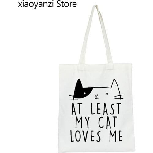At Least My Cat Loves Womens Cute Cat Graphic Handbag Grunge Shoulder Canvas Bag Kawaii White Tumblr Fashion Shopping Bags