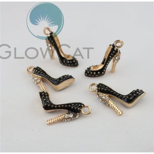 10pcs Black Enamel High Heels Rhinestone Charms Alloy Gold Color Pendant Fit Necklaces Bracelets DIY Jewelry Accessories
