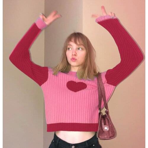 SEASONS Green Heart Print Kawaii Knitted Oversized Pullovers Women Pink Patchwork Cute Sweaters Casual Loose Jumpers ASNSW83720