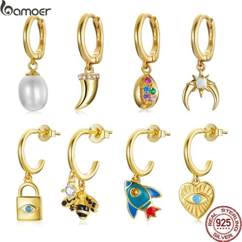 BAMOER 1PC Golden Mysterious Spain Lucky Eye 925 Sterling Silver Earring Rocket Heart Lock Bee Colorful Fashion Jewelry SCE1138