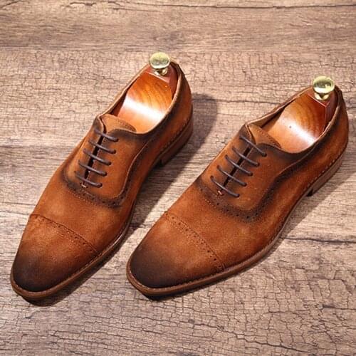 Pointed Toe Suede Dress Shoes Men Brown Hand-stitched Cowhide Genuine Leather Men Shoes Lace-u[ Business Chaussures Hommeses