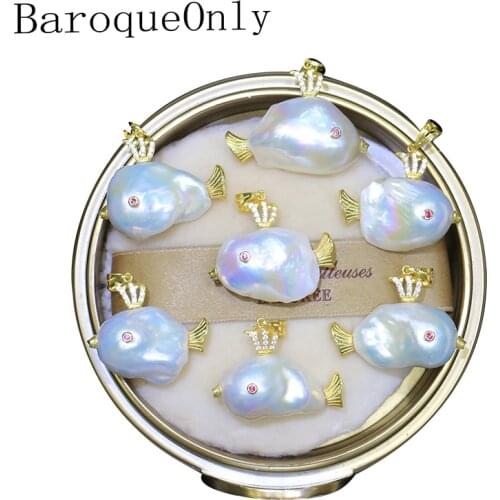 BaroqueOnly natural freshwater baroque pearl unique fish lovely pendant 925 silver sterling for girfriends/daughter gift PH