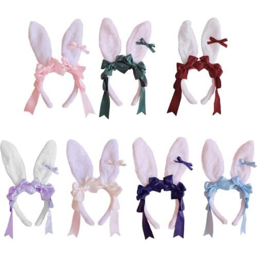 Japanese Lolita Headband Plush Rabbit Bunny Ears Hair Hoop Sweet Big Bowknot Ribbon Headdress Cosplay Party Bandana