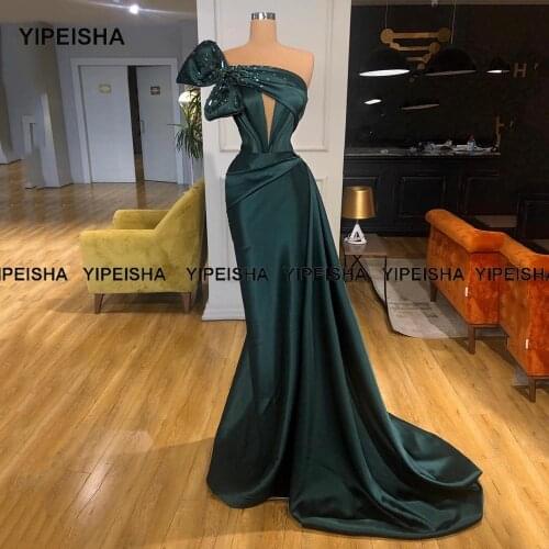 Yipeisha Emerald Green Evening Dress 2021 Beads Crystals Dubai Women Formal Mermaid Prom Gowns Satin Party Dresses Long Robe