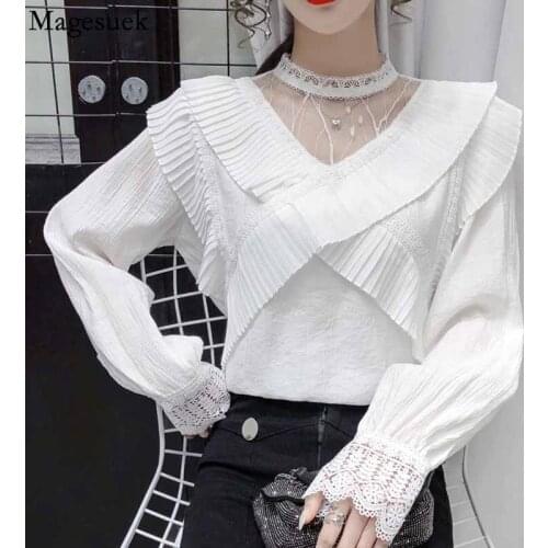 Hollow Out Stitching Ruffle Blouse Women Autumn New Elegant Long Sleeve White Women Shirt Blouses Loose Tops Female Blusas 16369