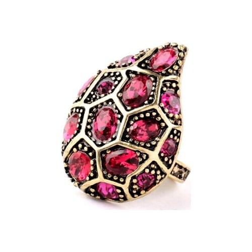 Water Droplets Ring For Women Rose Red Crystal Gold Color Vintage Sporty Jewelry