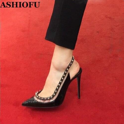 ASHIOFU Wholesale Handmade Womens High Heels Sandals Rivets Spikes Party Prom Dress Shoes Slingback Pointy Fashion Court Shoes