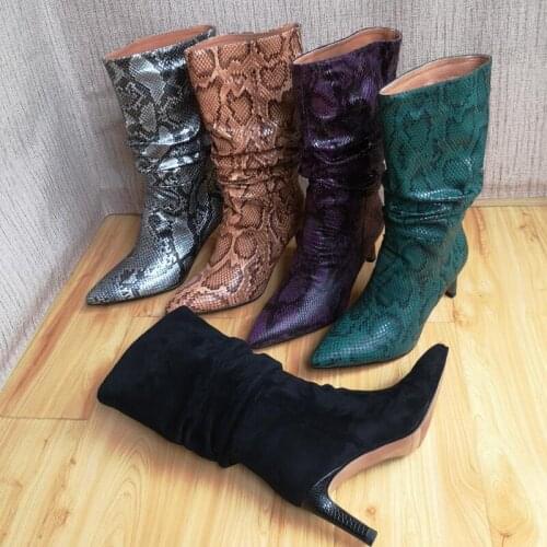 2021 New Autumn Womens Boots Snakeskin Print Pleated Mid Heel Party Shoes Women Pointed Toe Nubuck Genuine Leather Big Size 43